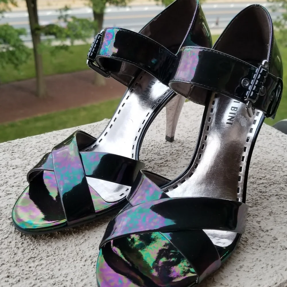 Iridescent oil slick petrol high heel sandals, sz7 - Picture 3 of 11